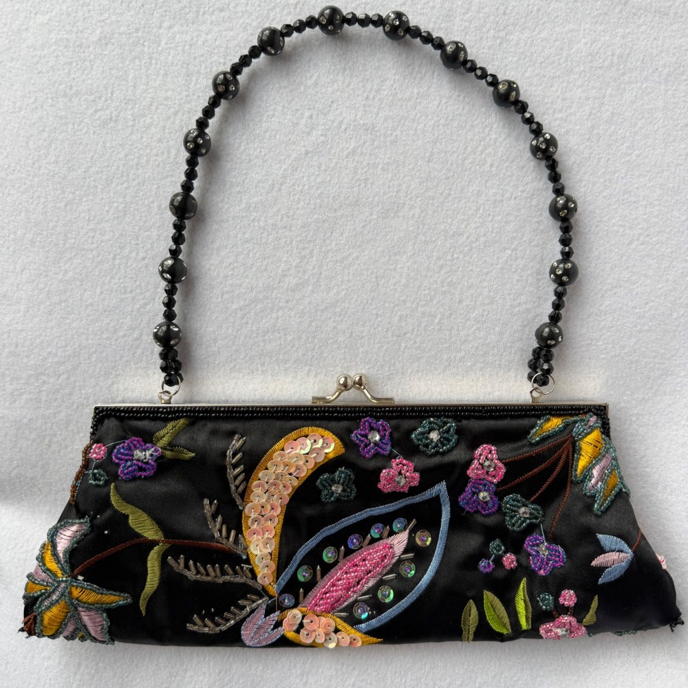 Vintage Y2K Far Nine Floral Beaded Purse Black Satin Clutch Kiss Lock Fairycore